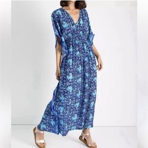 Rujuta Sheth Marie Cinch Kaftan Caftan Dress Blue Floral Sz M/L